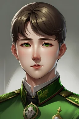 A white-skinned Korean person with brown hair and green eyes, wearing a royal uniform