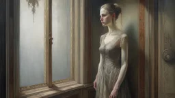 A hauntingly beautiful oil painting depicting a very tall and thin lady standing by a large, ornate window. The lady's face is delicately rendered in pale, sad tones, capturing a sense of melancholy and longing