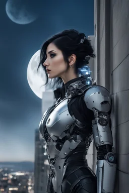 Fantasy Photo Of A Woman With Black Hair, Wearing A robot-looking suit, standing sideways On A Ledge of a building, With A waning moon Behind Her Head