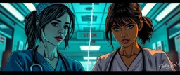 cyberpunk fallout 4, airbrush and pen outline, A cinematic, high-end advertisement image for a fictional service called “Spice Girl Nurses™”. Split-screen composition with two contrasting emotional states.