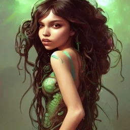 alien girl, cute, beautiful, long hair, curly hair, black hair, slim body, brown eyes, big eyes, green skin, turquoise dress, head and shoulders portrait, fantasy, 8k resolution concept art portrait by Greg Rutkowski, Artgerm, WLOP, Alphonse Mucha dynamic lighting hyperdetailed intricately detailed