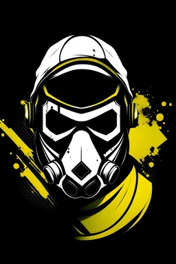Create me an heist style logo using the colors black, white and ryellow that is linked to the criminal world with weapons and respirator mask