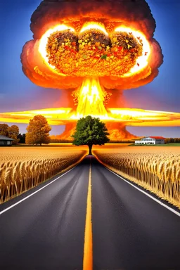 top right is a nuclear explosion mushroom cloud that looks like a autumn tree full of leaves, leaves falling everywhere. bottom 2/3 is a road through a wheat field, a wind is blowing away from the tree. a commercial building is on the middle left