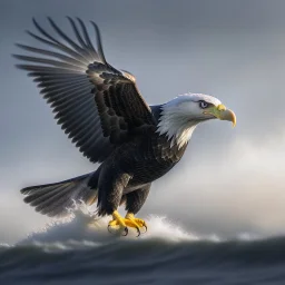 bald eagle surfing photo shoot, 8k, down-light, soft light, depth of field, photo realism, trending on art station, high detail, smoke and fog