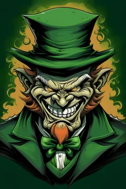 Evil leprechaun casts spell with mad smile