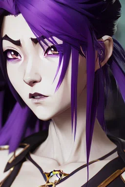 Detailed cute anime Kunoichi girl, purple hair buns, purple bangs, black latex bodysuit, intricate details, full body portrait, keep head in frame, slight smile, black Japanese motif, concept art, highly detailed, digital painting, concept art, sharp focus, illustration, art by Yoji Shinkawa, WLOP and greg rutkowski and alphonse mucha and artgerm and yanjun Chen and Junji ito and Makoto Shinkai, HDR, octane render