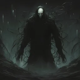 Humanoid, pitch black, tendrils, containment breach, no face