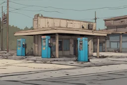 gas station, boarded, post-apocalypse, front view, street, comic book, cartoon