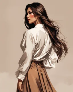 Drawing of a well-dressed Latina woman with a full shirt and long skirt, with long loose straight hair, brown, completely with her back to the camera, face completely with her back to the camera, (((face cannot be seen))), with head tilted very forward looking at navel