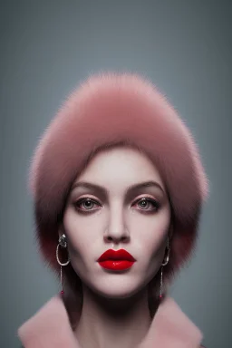 Minimalistic portrait of a beautiful woman with red lips and cold big eyes wearing earrings, a light pink fur coat in a haute couture style isolated on a dark background, cinematic lighting, ultra-realistic, shot in the style of hasselblad