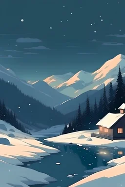 verschneite Schweizer Alpenlandschaft im stile von studio gibli, anime stil, während der Dämmerung, weinachtliche Simmung