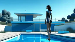 A digital render shows a woman standing on a diving board next to a pool, with a modern house in the background. The woman, who is Black, is around 25 years old, has tan skin, and is wearing a black swimsuit and a white swim cap. She is standing on a blue diving board that extends over the pool. The pool has clear blue water and is surrounded by gray tiles. The house in the background is a modern design with white and blue walls. It has a large window and a flat roof. There are trees and grass i