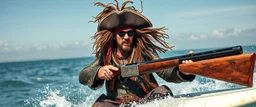 pirate shotgun mozart with wig, looking hot and crazy on a surfboard
