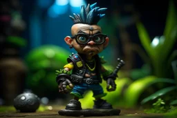 caricature, evil, dark arts, intricately painted, miniature figure. a miniature figure of an (angry:1.5) cyberpunk (Minion with glasses:1.4) with a rainbow mohawk hairstyle, set in a jungle, (holding a machete:1.6), giant boots, punk, worn, bokeh, Low DOF, 16k, trending on artstation. AlbedoBase XL.