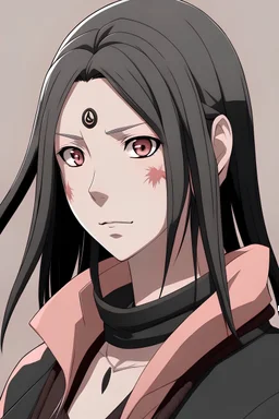 Sakura haruno style character, long black hair, black eyes
