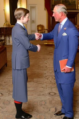The Prince of Wales in traditional dress shakes hands with a young guest dressed in a blue suit, drawing room of St James's Palace, during a reception