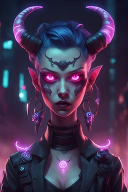 A well dressed cute female demon,glowing eyes,cyberpunk aesthetic, facial tattoos,glowing horns