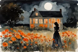 Night, one woman, orange flowers, gothic horror movies influence, distant house, epic, winslow homer watercolor paintings