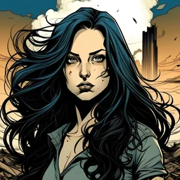 create a comic style portrait of a beautiful young woman with long black wavy hair in an apocalypse