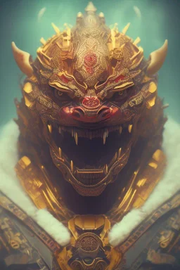 Furious rage, samurai mask, close-up, macro lens, centered camera, intricate details, small minutiae, tiny features, particulars, colorful, 8k, least ambient occlusion, volumetric lighting,