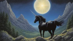 A night sky seen from the bottom of a deep valley. an exploding star filling the sky. a black unicorn. Painted by Larry Elmore.