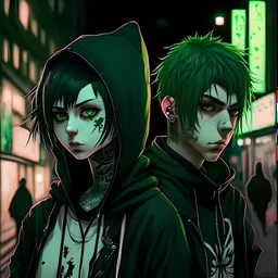anime guy with short hair and green eyes wearing a black hoodie with face tattoos in shibuya at night with a goth anime woman with lip piercings