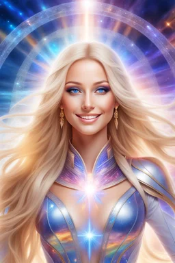 cosmic woman smile,beautiful ufos rainbow, admiral from the future, galactic confédération, fine whole face, crystalline skin, expressive blue eyes,rainbow, smiling lips, very nice smile, costume pleiadian, Beautiful tall woman pleiadian Galactic commander, ship, perfect datailed golden galactic suit, high rank, long blond hair, hand whit five perfect detailed finger, amazing big blue eyes, smilling mouth, high drfinition lips, cosmic happiness, bright colors, blue, pink, gold, jewels, realist,