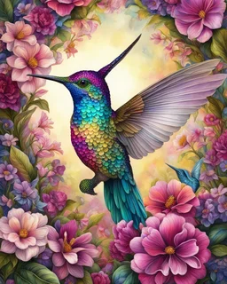 Full body cute floral hummingbird in spring flowers in the style of Josephine Wall, dark pink and beige, colorized, highres, detailed fur, realistic, vibrant, springtime, detailed eyes, professional, atmospheric lighting. High resolution, 8K,