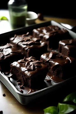 A picture of a tray of freshly baked brownies, still warm from the oven and oozing with chocolatey goodness.