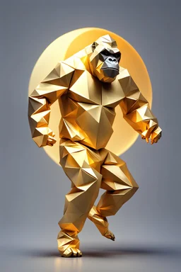 close up of a low poly origami of golden reflective metallic over size gorilla hip hop break dance strike the pose moon walking over a gradient solid background