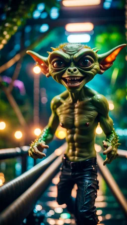 selfie by pimp rocker alien giant gremlin on bridge over water slide dancing in dark lit reflective wet jungle hall tunnel,bokeh like f/0.8, tilt-shift lens 8k, high detail, smooth render, down-light, unreal engine, prize winning