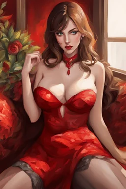 A stunning, seductive woman in a fiery red dress, casting a shy glance over her shoulder. cartoon style, cubism style