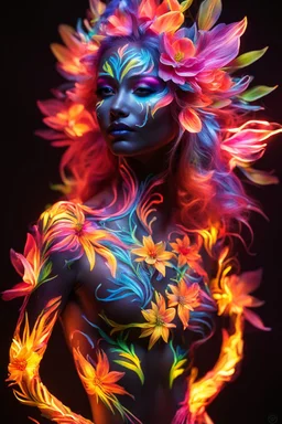 Art flowers body painting neons glowing light in the dark and colorful details