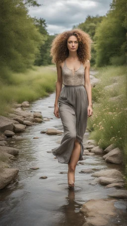 full body shot of a very beautiful lady curly hair, walks in the country side with a narrow river with clean water and nice rocks on floor. The trees and wild flowers pretty country houses ,nice cloudy sky.