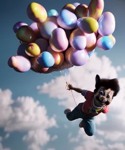 Ultra realistic speed clouds sky scene, wide angle view, childs falling down with many Childs background, rabbit head, circus dress style, feather color, free jumping flying, many trinkets, hair monster, many jelly beans, balls, color smoke, smile, happy, extreme, wind, clouds sea, 20,000 feet altitude, stratosphere, soft color, highly detailed, unreal engine 5, ray tracing, RTX, lumen lighting, ultra detail, volumetric lighting, 3d, finely drawn, high definition, high resolution.