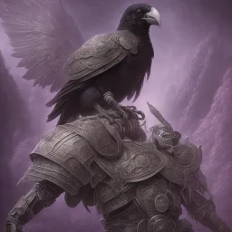 angry Raven warrior in black and purple battle armor, a highly detailed illustration, background of Inka jungle, realistic render, 8 k, micro detail, intricate, elegant, centered, digital painting, Artstation, smooth, sharp focus, illustration, artgerm, tomasz alen kopera, peter mohrbacher, donato giancola, joseph christian leyendecker, wlop, boris vallejo