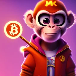 pixar style anamorphic cute monkey baby, smiling, gangsta gold neckless, full body, magenta puffer jacket, manila city backdrop, dramatic lighting, hyper-realistic, unreal engine 5, 16k. full detailed bitcoin