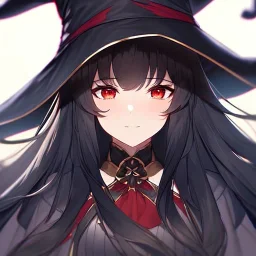 Clear focus,High resolution, black long fluffy hair, long fluffy bangs, red eyes, wearing a witch outfit, extreme close up, evil smile