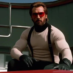 a young man with big muscles who looks like hans gruber wearing a turtleneck and red sunglasses staring with an angry look on his face