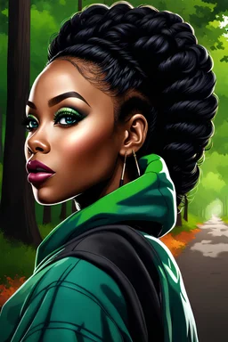 HYPER REALISTIC Graffiti, closeup portrait, WHIMSICAL DIGITAL ILLUSTRATION, HD, HIGH CONTRAST CHIBI STYLE STUNNING AFRICAN AMERICAN WOMAN WITH BEAUTIFUL large, green-colored EYES, fierce makeup, black straight hair, LONG LASHES AND LIP GLOSS WEARING An OVERSIZED blue sweatsuit, WALKING FORWARD along a wooded path BACKGROUND, REALISTIC TEXTURE, CREATIVE, CINEMATIC, PHOTOGRAPHY SEAMLESS.