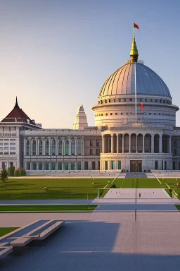 Huge parliament building with classical and modern architechture mixed