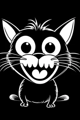 "Create a whimsical, black-and-white line art illustration of a playful and goofy cat. The cat should have exaggerated features, including large, bulging eyes, a wide, toothy grin, and a tongue sticking out. The fur should be depicted with detailed, expressive lines to convey a sense of fun and mischief. Ensure the overall style is cartoonish and engaging, suitable for a coloring page."