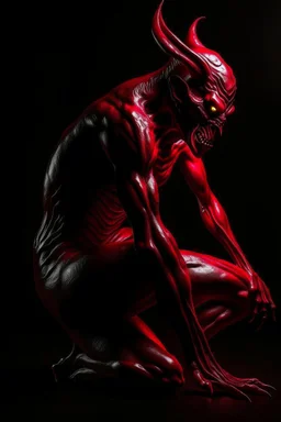 Realistic devil leaning forward at an angle facing left, posed as if over a shoulder, red skin, horror style, no other person.