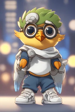 warrior, cute, 2D, cartoon cute male bird with white sneakers, glasses, front view, wearing a hero costume, lit bird children, 32k uhd, round,8k,HD, blue wall background