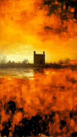 An orange colored marshland near an iron fortress painted by Claude Monet