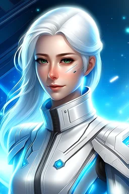 beautifull woman starship commander, white jumpsuit bright galaxy, white hairs, leader galactic, guardian of galaxy, master angel light coordinator, chef leader, white clear spaceship, light warior chief, very clear blue eyes, angel