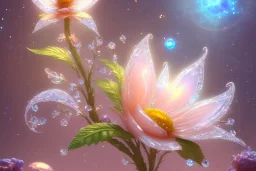 one big crystal subtle flower in a galactic ambiance with a very little beautiful fairy, transparent petals, delicate colors, in the foreground, full of details, smooth, bright sunshine，soft light atmosphere, light effect，vaporwave colorful, concept art, smooth, extremely sharp detail, finely tuned detail, ultra high definition, 8 k, unreal engine 5, ultra sharp focus