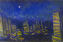 Night, cyberpunk buildings in the mountains, tendency to claude monet, tendency to science fiction, impressionism painting