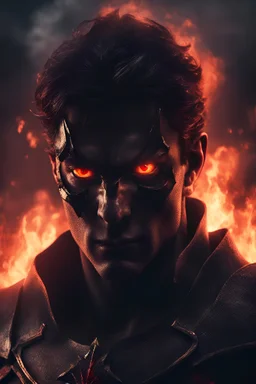 a close up of a dark hero with red eyes staring into a fire that once was something that mattered to him, hes not facing the screen