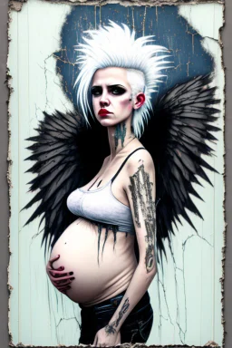 Pregnant Punk, Angel, portrait, white hair, background old canvas torn cracks, mystical